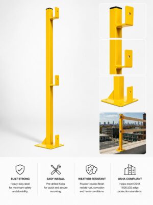 Bolt-down guardrail post with flange base bolted to the top surface of a concrete slab